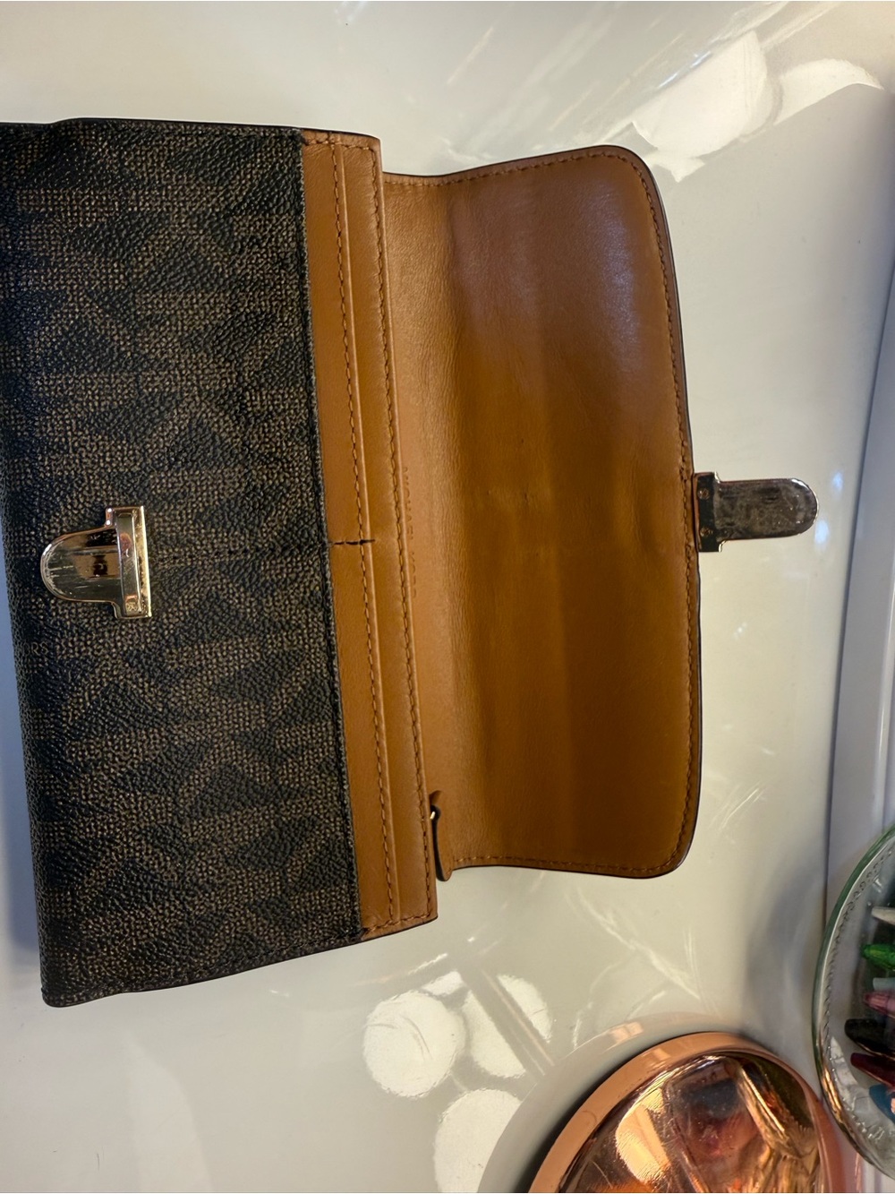 Michael Kors Dark Brown Monogram Clutch Wallet with Tan Strap - Picture 4 of 6